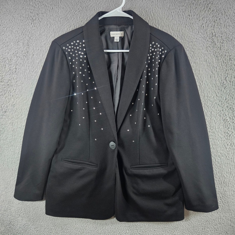 Susan Graver Womens Black Studded Shoulder Shawl Collar Blazer Jacket Large L‎
